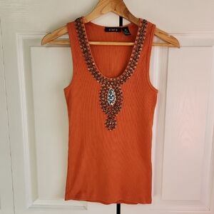 Stera Womens Orange Beaded Tank Top Size Med Y2K Boho Layering Indian Hippie